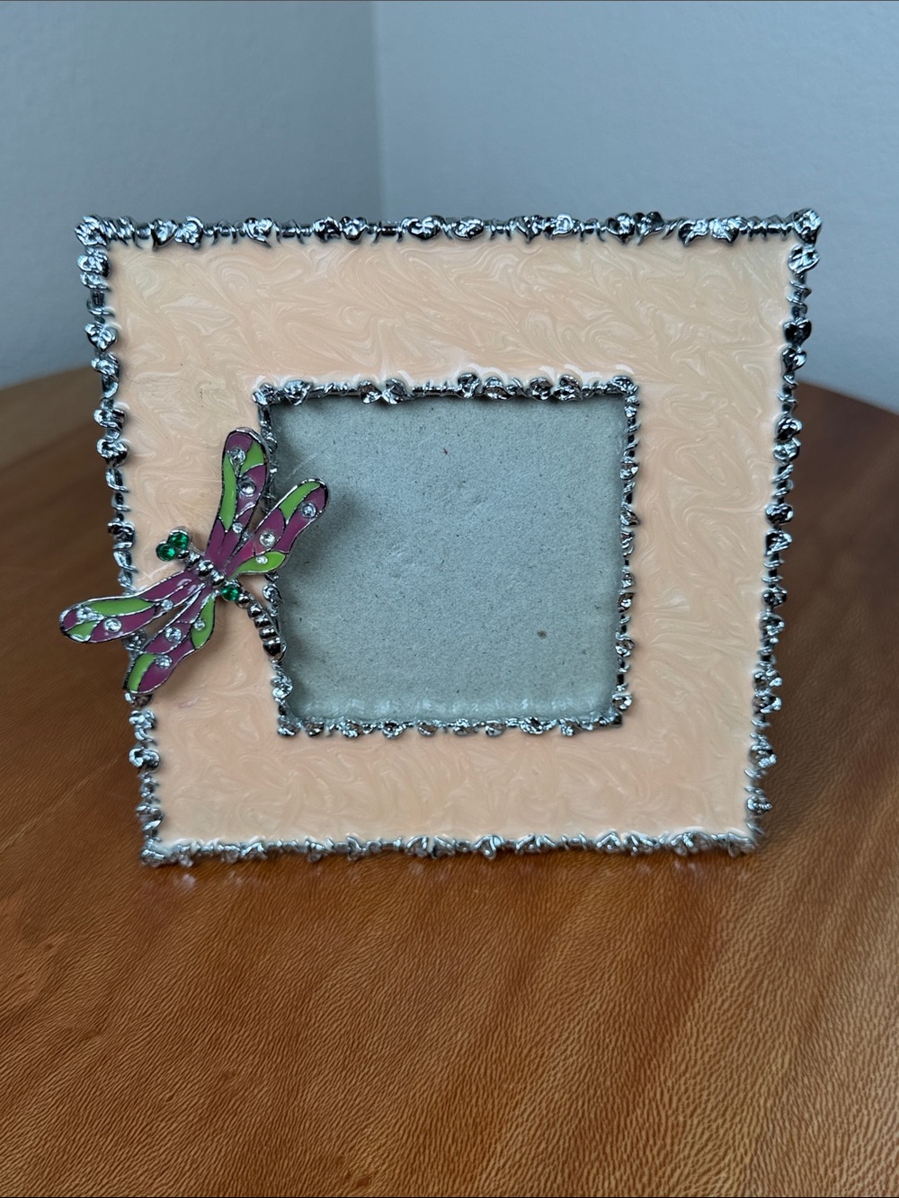 S. Sunflower Dragonfly Peach Enameled Silver Detailing Photo Frame Cottagecore